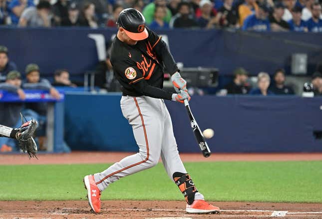 May 19, 2023; Toronto, Ontario, CAN;   Baltimore Orioles first baseman Ryan Mountcastle (6) hits a three run home run against the Toronto Blue Jays in the third inning at Rogers Centre.