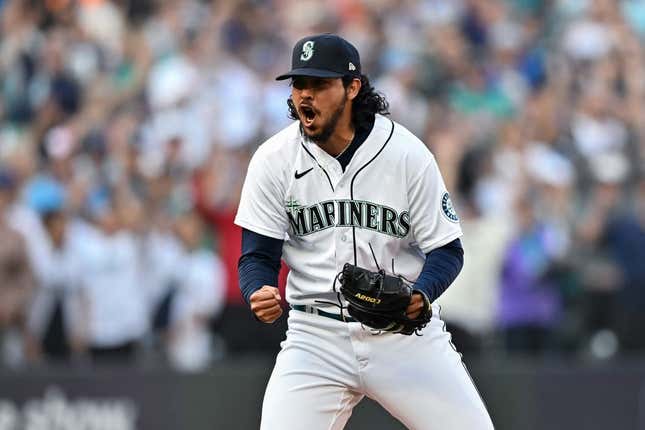 Oct 15, 2022; Seattle, Washington, USA; Seattle Mariners relief pitcher Andres Munoz (75) reacts in the eighth inning against the Houston Astros during game three of the ALDS for the 2022 MLB Playoffs at T-Mobile Park.