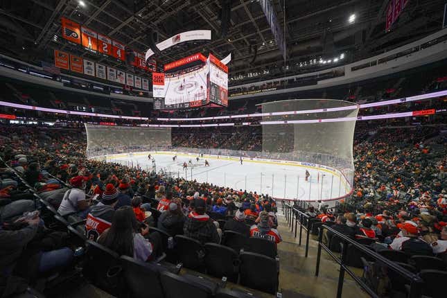 Jan 29, 2022; Philadelphia, Pennsylvania, USA; A general view of the Wells Fargo Center during the second period of the game between the Los Angeles Kings and Philadelphia Flyers.