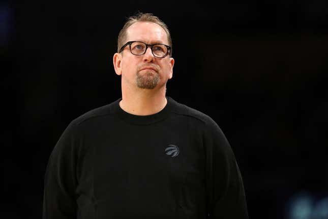 Mar 10, 2023; Los Angeles, California, USA;  Toronto Raptors head coach Nick Nurse during the game against the Los Angeles Lakers at Crypto.com Arena.