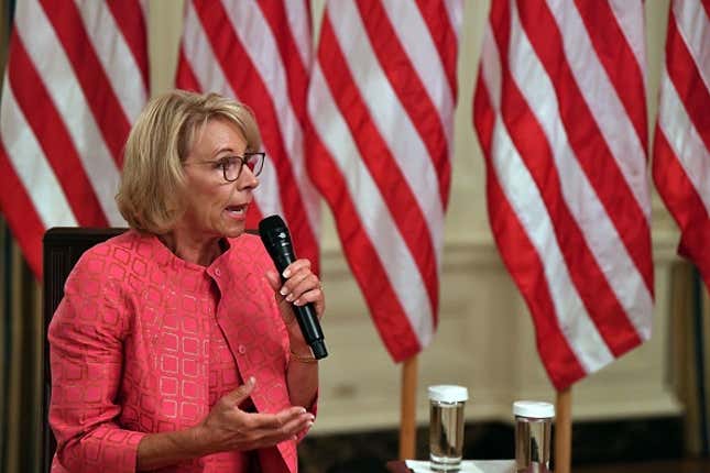 US Secretary of Education Betsy DeVos speaks during the “Getting America’s Children Safely Back to School” event in the State Room of the white House in Washington, DC, on August 12, 2020.
