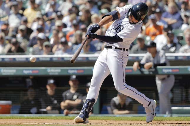 Aug 31, 2023; Detroit, Michigan, USA; Detroit Tigers center fielder Riley Greene (31) hits a single in the first inning against the New York Yankees at Comerica Park.