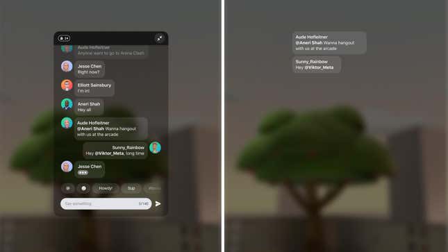 An image showing Meta's horizon Worlds letting users message and text each other.
