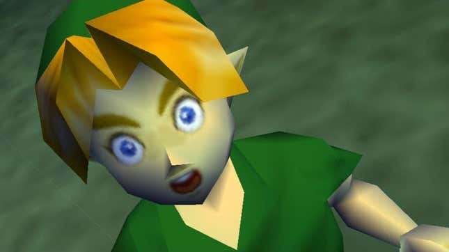 Ocarina of Time's Young Link looks shocked after Ganandorf rides past him on a horse. 