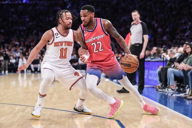Jan 18, 2023; New York, New York, USA; Washington Wizards guard Monte Morris (22) looks to drive past New York Knicks guard Jalen Brunson (11) in the third quarter at Madison Square Garden.