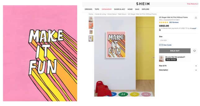 Perry created the “Make It Fun” graphic design (left), while Shein has a similar piece of art previously listed on its website for only $3 (right). The piece has since been removed from the online retailer.