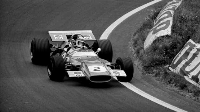 A black and white photo of a 1969 Matra Formula 1 car. 