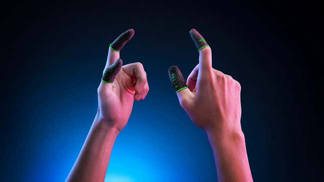 A hand model showing off what Razer's gaming finger sleeves would look like on a person. 