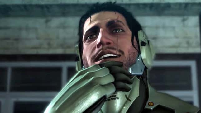 A Metal Gear Rising: Revengeance screenshot showing the stylish swordsman Samuel "Jetstream Sam" Rodrigues stroking his chin in contemplative thought.