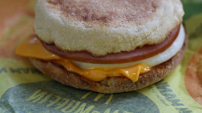A McDonald’s Egg McMuffin is displayed at a McDonald’s restaurant.