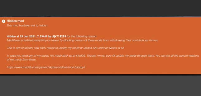 A screenshot of message from one modder who removed their work from the platform over the changes. d's