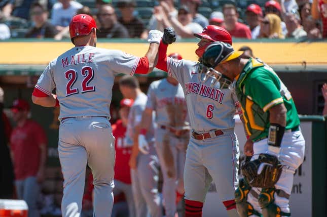 Apr 29, 2023; Oakland, California, USA; Cincinnati Reds second baseman Jonathan India (6) congratulates catcher Luke Maile (22) after he hit a home run during the second inning against the Oakland Athletics at RingCentral Coliseum.