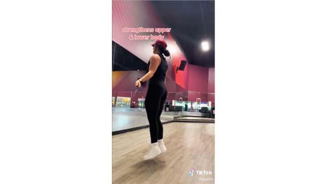 woman jump roping with text: "strengthens upper and lower body"