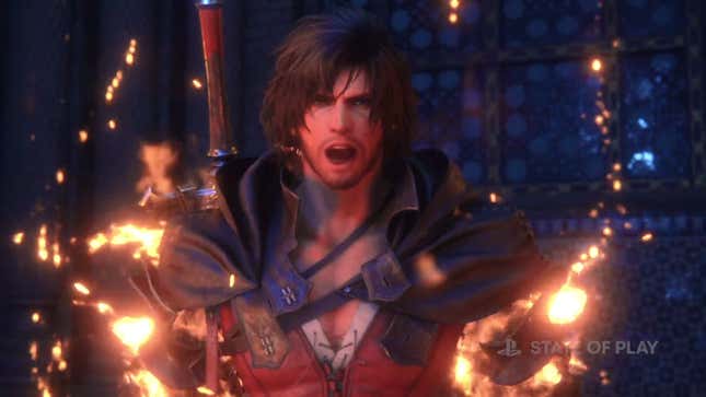 A screenshot shows Clive screaming while surrounded by flames. 