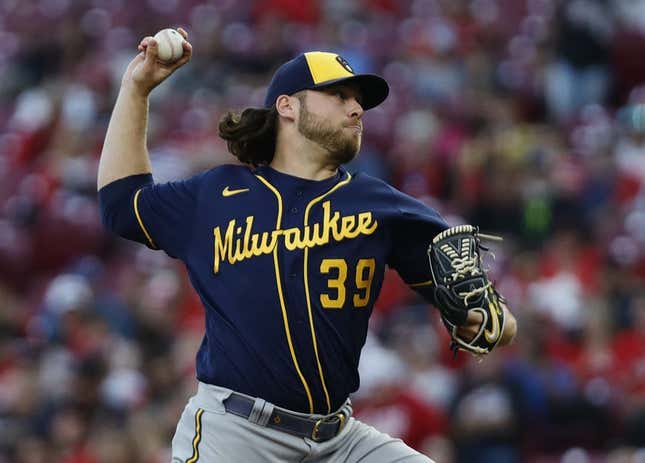 Sep 24, 2022; Cincinnati, Ohio, USA; Milwaukee Brewers starting pitcher Corbin Burnes (39) throws a pitch against the Cincinnati Reds during the first inning at Great American Ball Park.