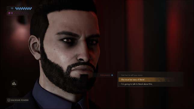Galeb debates discussion choices with an NPC.