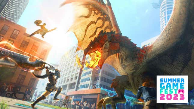 Players fight a giant dragon in a city square. 
