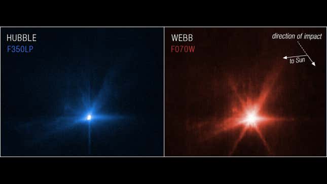Hubble and Webb images showing the immediate effects of the DART experiment to deflect an asteroid. 