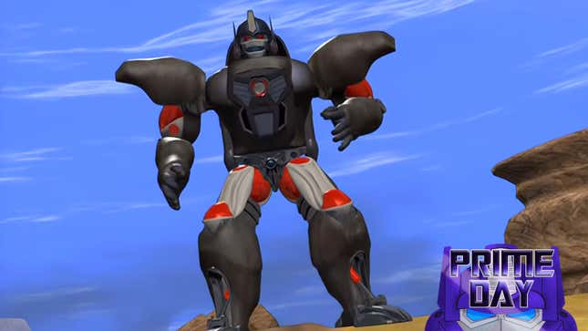 A CG version of Optimus Primal in his robot form stands on a rock against a blue sky.