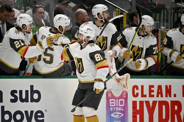 May 23, 2023; Dallas, Texas, USA; Vegas Golden Knights right wing Jonathan Marchessault (81) celebrates with his teammates after scoring a goal against the Dallas Stars during the first period in game three of the Western Conference Finals of the 2023 Stanley Cup Playoffs at American Airlines Center.