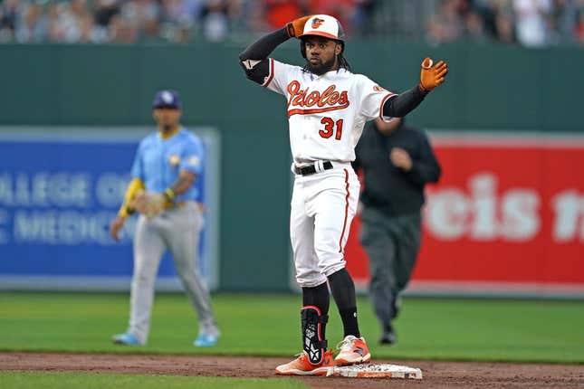 May 9, 2023; Baltimore, Maryland, USA; Baltimore Orioles outfielder Cedric Mullins (31) reacts following his double in the third inning against the Tampa Bay Rays at Oriole Park at Camden Yards.