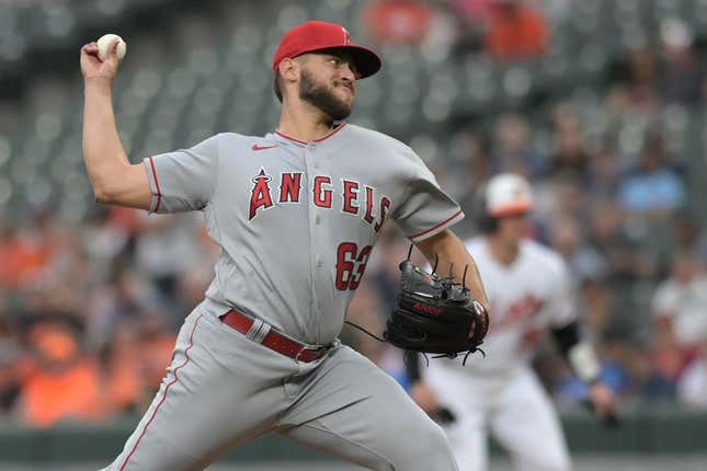 May 16, 2023; Baltimore, Maryland, USA;  Los Angeles Angels starting pitcher Chase Silseth (63) throws a first inning pitch against the Baltimore Orioles at Oriole Park at Camden Yards.
