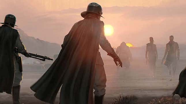 Concept art of people in a desert at sundown from the canceled Star Wars game codenamed Ragtag.