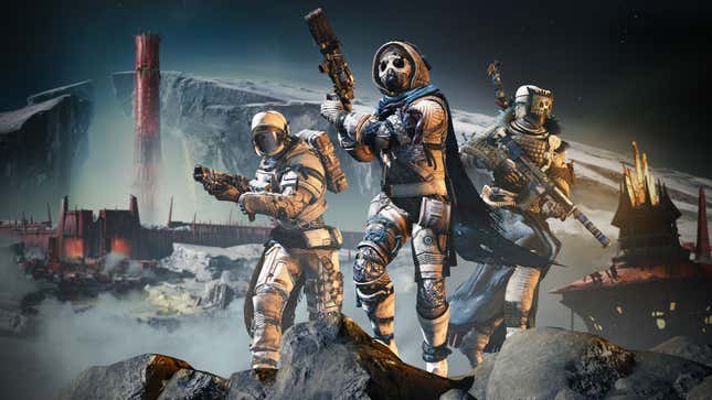 A group of space soldiers stands on a hill in front of an alien base. 