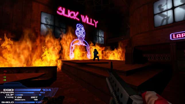 Duke Nukem Forever showing a gaudy sign for Slick Willy.