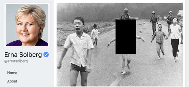 The Norwegian prime minister’s new post, featuring a blacked-out version of the iconic photo.