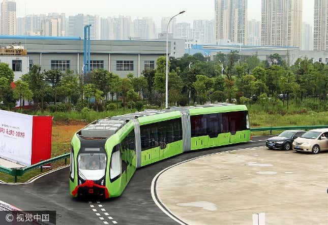 Image for article titled The world’s first self-driving “rail bus” is taking its inaugural journey in China without tracks