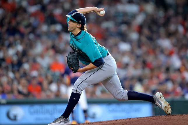 Aug 19, 2023; Houston, Texas, USA; Seattle Mariners starting pitcher Logan Gilbert (36) delivers a pitch against the Houston Astros during the first inning during the first inning at Minute Maid Park.