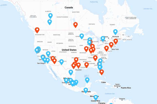A map of North America showing the locations of in-person Community Day meet-ups.