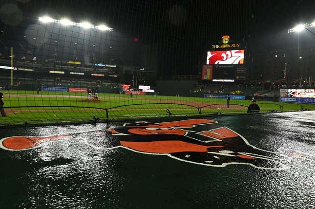 Jun 22, 2022; Baltimore, Maryland, USA;  A detail view of the Baltimore Orioles logo on top of the home dugout during the game Washington Nationals d at Oriole Park at Camden Yards. Baltimore Orioles defeated Washington Nationals 7-0 in a rain shorten game.