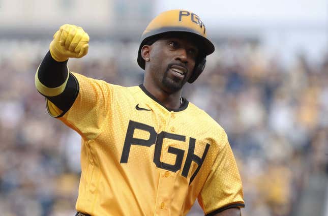 Jun 30, 2023; Pittsburgh, Pennsylvania, USA;  Pittsburgh Pirates designated hitter Andrew McCutchen (22) reacts as he circles the bases on a solo home run against the Milwaukee Brewers during the fourth inning at PNC Park.