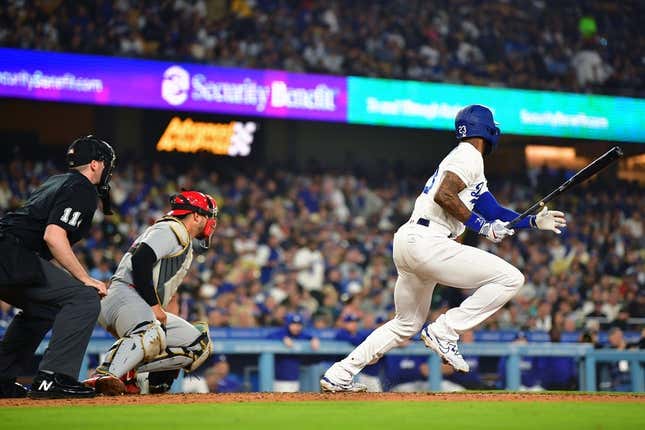 Apr 28, 2023; Los Angeles, California, USA; Los Angeles Dodgers right fielder Jason Heyward (23) hits an RBI double against the St. Louis Cardinals during the third inning at Dodger Stadium.