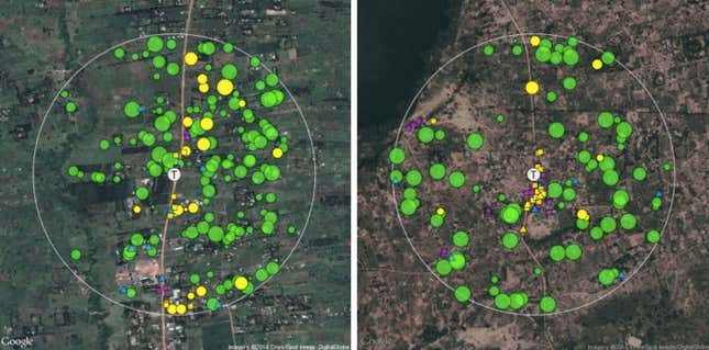 Unconnected households are marked by green circles. Existing connection points are marked with yellow circles, squares, and triangles.