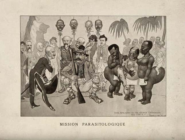 A racist caricature of European scientists visiting Africa. The severed head on the right is that of Ronald Ross.