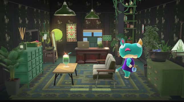 A villager walks around her room full of plants and green furniture. 