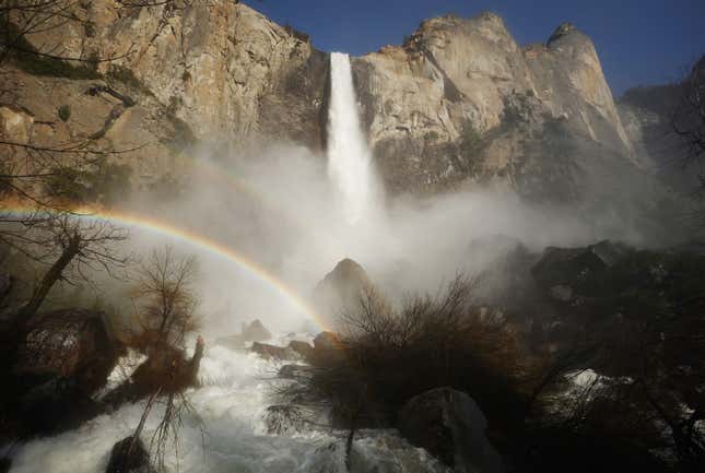 Bridalveil Falls churns in Yosemite National Park on April 27, 2023. 