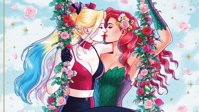 Harley Quinn and Poison Ivy kiss while on a porch swing.