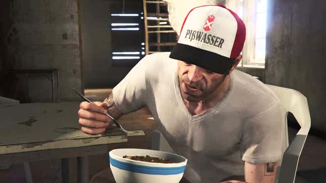 Trevor from GTA V eats a bowl of food with a fork. 