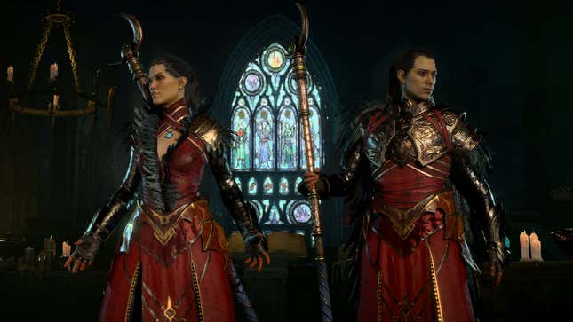 Two sorcerers stand in a cathedral.