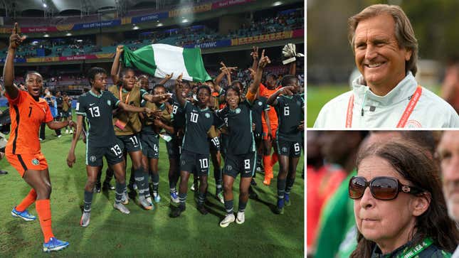  On the left is Nigeria’s women’s team after winning the IFA U-17 Women’s World Cup 2022 Quarter Final match against the U.S. in October. The top right is their coach, Randy Waldrum, and bottom right is assistant coach, Lauren Gregg. 