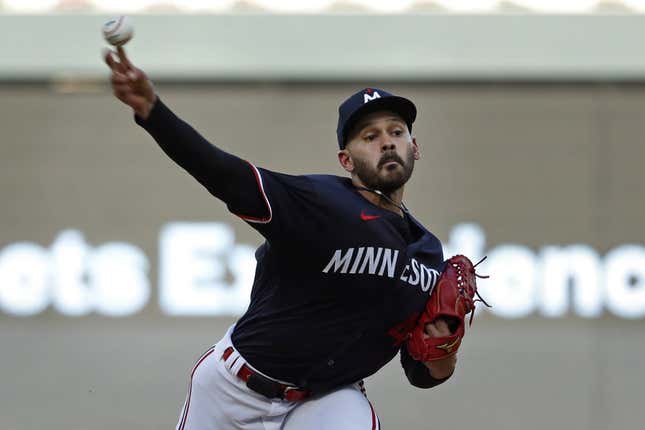 Jun 1, 2023; Minneapolis, Minnesota, USA; Minnesota Twins starting pitcher Pablo Lopez (49) throws to the Cleveland Guardians in the first inning at Target Field.