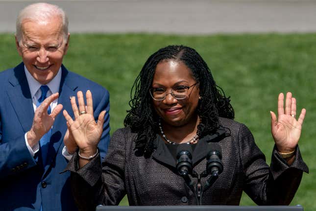 Judge Ketanji Brown Jackson, accompanied by President Joe Biden, waves as she takes the podium to speak during an event on the South Lawn of the White House in Washington, Friday, April 8, 2022, celebrating the confirmation of Jackson as the first Black woman to reach the Supreme Court.


