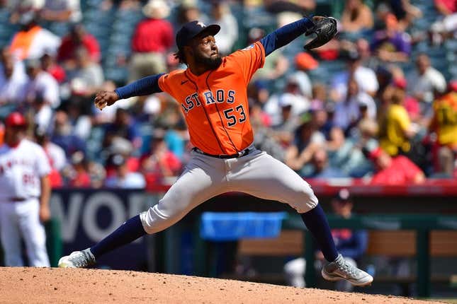 May 10, 2023; Anaheim, California, USA; Houston Astros starting pitcher Cristian Javier (53) throws against the Los Angeles Angels during the sixth inning at Angel Stadium.