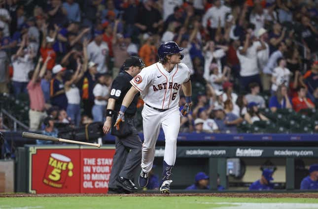 May 17, 2023; Houston, Texas, USA; Houston Astros center fielder Jake Meyers (6) hits a home run during the ninth inning against the Chicago Cubs at Minute Maid Park.