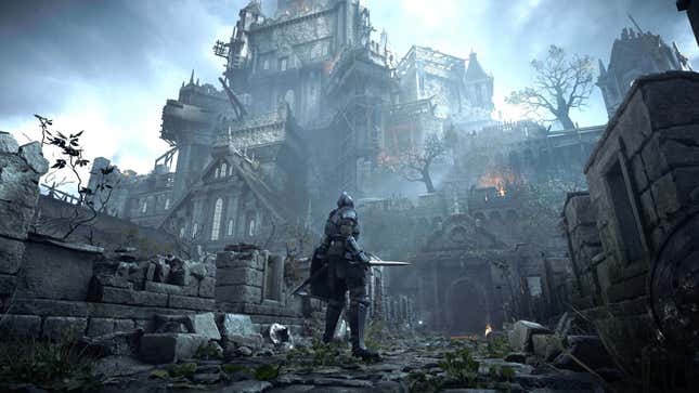 A soldier is standing outside a desecrated castle.