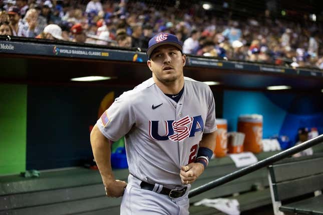 Mar 15, 2023; Phoenix, Arizona, USA; USA outfielder Mike Trout prior to the game against Colombia during the World Baseball Classic at Chase Field.